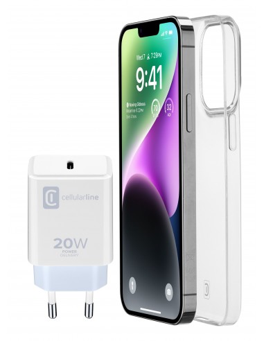 Cellularline Starter Kit - iPhone 14 Plus Kit di accessori per la ricarica e la protezione di iPhone Bianco, Trasparente
