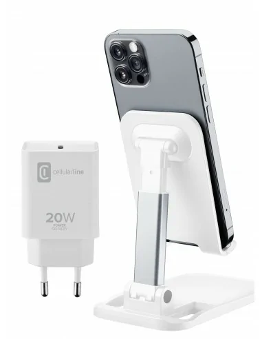 Cellularline Charge & Stand Kit - iPhone 8 or later Kit di accessori per iPhone, con funzione di ricarica e supporto. Bianco