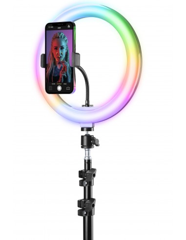 Cellularline Selfie Ring Pro Multicolor - Universale Anello led con modalità RGB a luminosità regolabile e treppiede da 1.60m